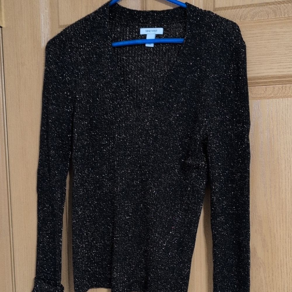 Nine West Black Metallic Sparkle V-Neck Sweater